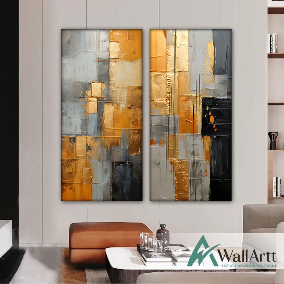 Gold Foil on Grey 2 Piece Textured Partial Oil Painting - Wall Art